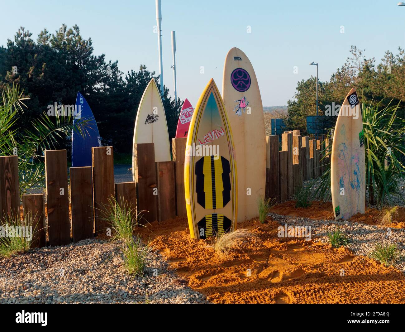 UK`s premier surfing town gets a tropical themed traffic island Stock Photo